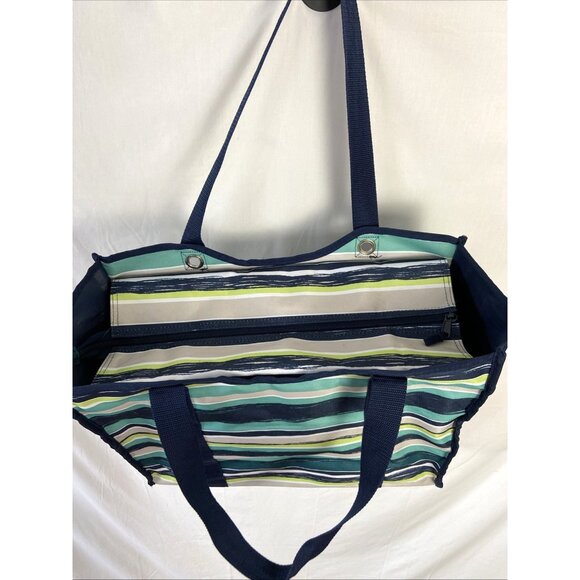 Thirty-One Deluxe Utility Tote Sea stripe Navy Blue Green White Beige Stripes - Picture 5 of 9